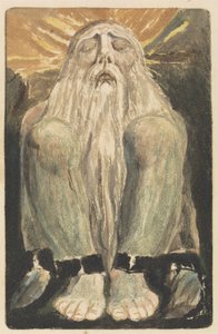 長い白いひげを持つ裸の男は、膝を上にして目を閉じて地面に座っています。1794年の 『ウリゼンの最初の書』のプレート12（WCによるレリーフエッチング） 作： William Blake